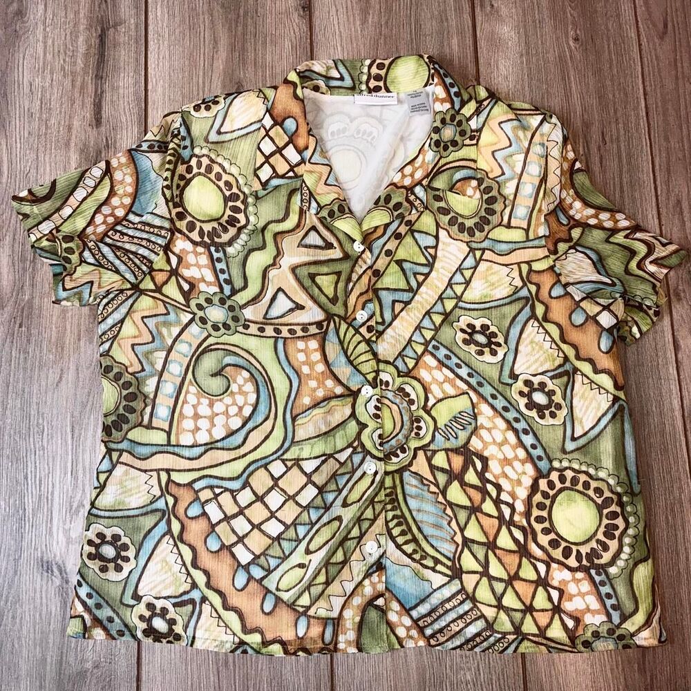 Alfred Dunner green, brown, and beige abstract pattern blouse (16W)